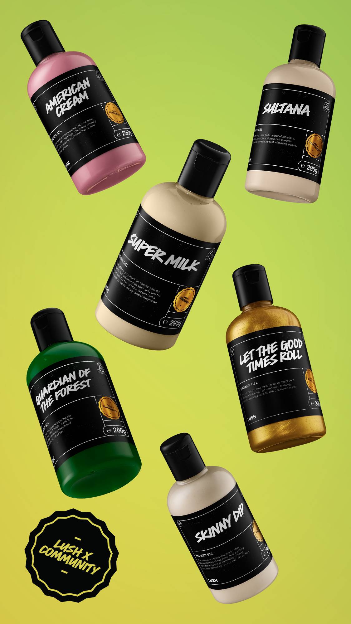 A bright, lime-green background with a collective shot of all six of the community fragrance shower gel bottles including American Cream, Sultana, Super Milk, Guardian of the Forest, Let The Good Times Roll and Skinny Dip.